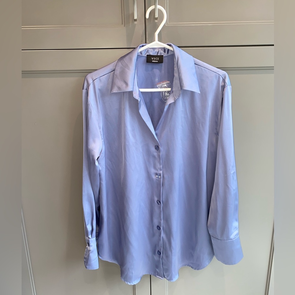 Vici Satin Button-Down Blouse in Dusty Blue